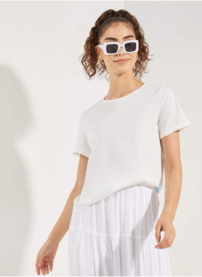 Styli Striped Woven Back Round Neck Top  - Image 1