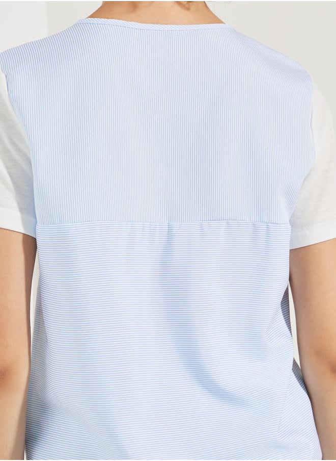 Styli Striped Woven Back Round Neck Top  - Image 4