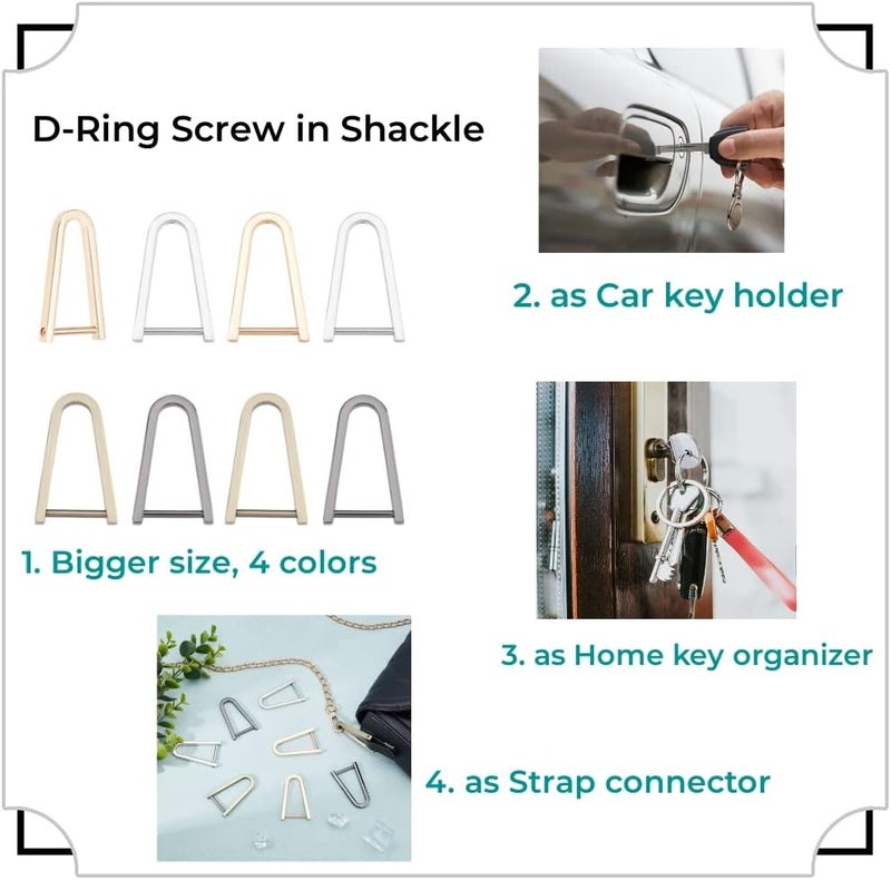 كلاراكو Klarako 8 قطع حلقات D برغي في القيد، 4 ألوان حلقات D على شكل حدوة حصان على شكل حرف U 1.1 بوصة حلقات D نصف دائرية مع برغي إغلاق حامل مفاتيح سلسلة مفاتيح محفظة أدوات يدوية من الجلد حزام سلسلة مفاتيح إكسسوارات - Image 3
