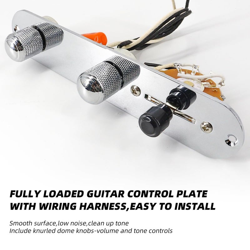 Domofa Fully Loaded Guitar Control Plate Prewired 3-Way Switch 250K Large Potentiometers Knurled Volume Tone Controls Knobs for Tele/Telecaster Electric Guitar Parts Replacement (Chrome) - Image 3