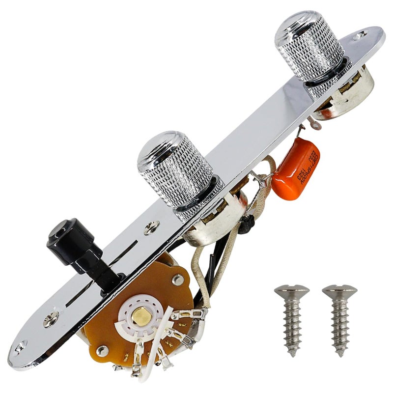 Domofa Fully Loaded Guitar Control Plate Prewired 3-Way Switch 250K Large Potentiometers Knurled Volume Tone Controls Knobs for Tele/Telecaster Electric Guitar Parts Replacement (Chrome) - Image 1