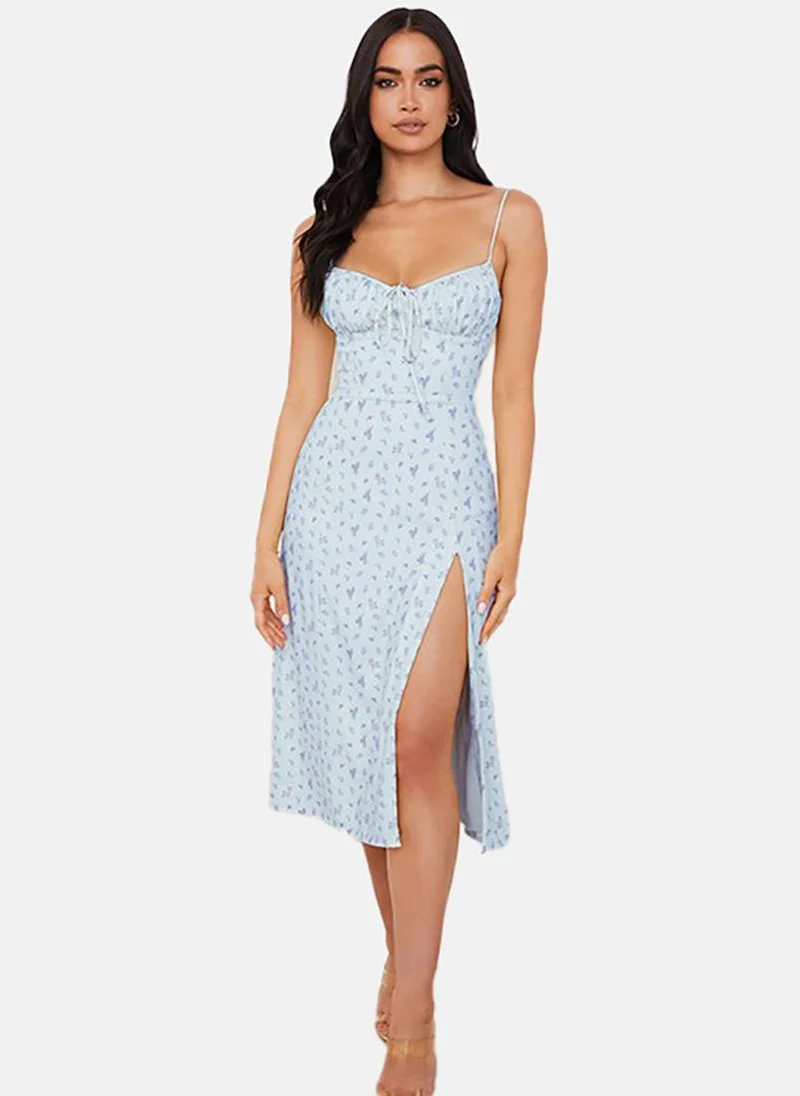 YUNIQEE Blue Asymmetric Floral Sweetheart Neck Sleeveless Dress