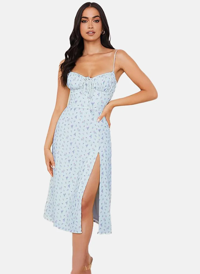 YUNIQEE Blue Asymmetric Floral Sweetheart Neck Sleeveless Dress