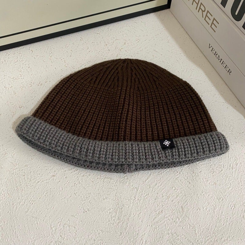 Color Block Beanie Unisex Autumn Winter Short Brim Skullcap Hat Acrylic - Image 1