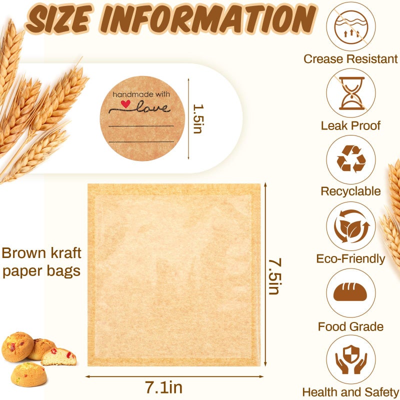 Outus 100 Pcs Cookie Packaging Bags with Seal, 7.1 x 7.5 Inch Bakery Pastry Bags with Window, Heat Sealable Grease Resistant Paper to Go Bake Sleeves for Gift Giving Donut Bread Sandwich (Brown) - Image 2