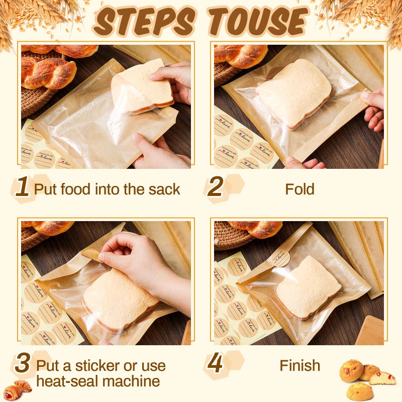 Outus 100 Pcs Cookie Packaging Bags with Seal, 7.1 x 7.5 Inch Bakery Pastry Bags with Window, Heat Sealable Grease Resistant Paper to Go Bake Sleeves for Gift Giving Donut Bread Sandwich (Brown) - Image 4