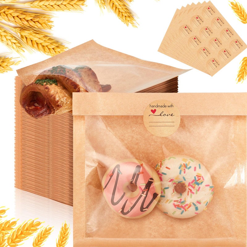 Outus 100 Pcs Cookie Packaging Bags with Seal, 7.1 x 7.5 Inch Bakery Pastry Bags with Window, Heat Sealable Grease Resistant Paper to Go Bake Sleeves for Gift Giving Donut Bread Sandwich (Brown) - Image 1