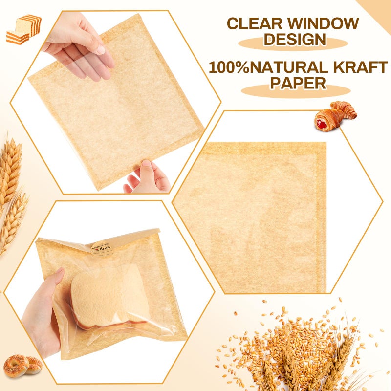 Outus 100 Pcs Cookie Packaging Bags with Seal, 7.1 x 7.5 Inch Bakery Pastry Bags with Window, Heat Sealable Grease Resistant Paper to Go Bake Sleeves for Gift Giving Donut Bread Sandwich (Brown) - Image 3