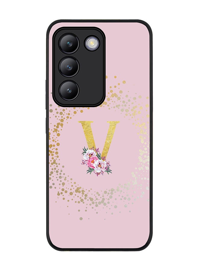 Stylizedd Rugged Black edge case for Vivo V30 Lite 5G, Slim fit Flexible Cover -  Custom Monogram Initial Letter Floral Pattern Alphabet - V  (Pink )  - Image 1