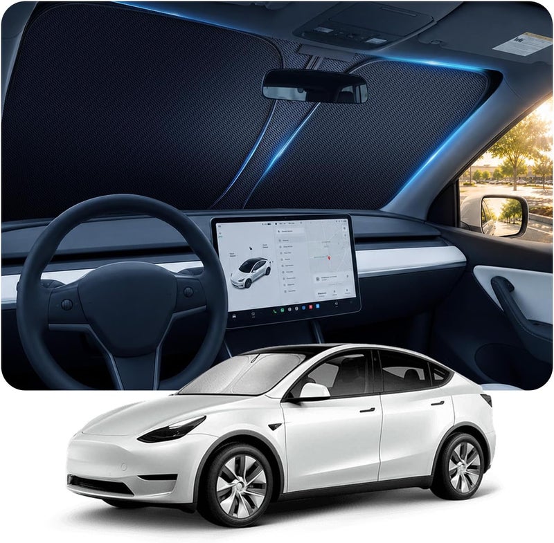 [ترقية 2026] ظل شمسي للزجاج الأمامي من Doogoocoo لسيارات Tesla Model Y وModel 3 (2017–2026)، [يوفر تبريدًا بتقنية البلورات الجليدية ويحجب أشعة الشمس بنسبة 100%]. - Image 1
