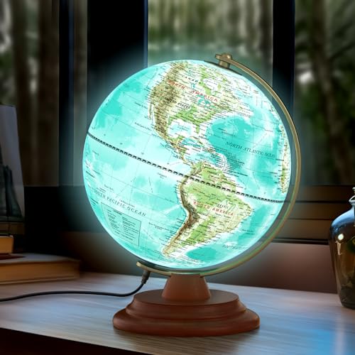 JOWHOL Illuminated Globe of the World with Wooden Stand 8 World Globe for Kids Adults Learning Builtin LED Night Light Home Office Classroom Decor Geography GiftsElegant Turquoise - Image 1