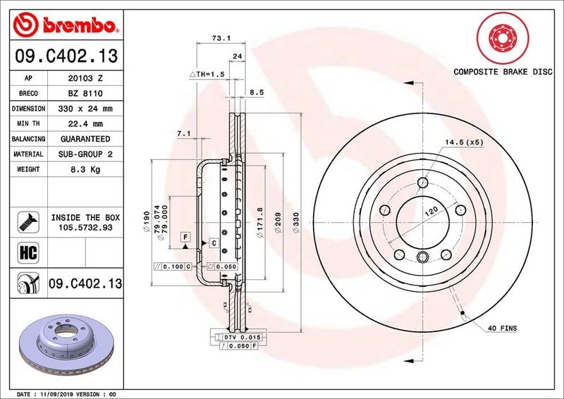 Brembo بريمبو 09.C402.13 قرص فرامل أمامي مهوى مركب من قطعتين مطلي بالأشعة فوق البنفسجية - Image 2