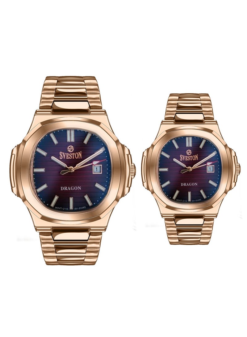 Sveston Dragon Analog Quartz Red Dial Stainless Steel Couple Set Watch SV 9348  - Image 1