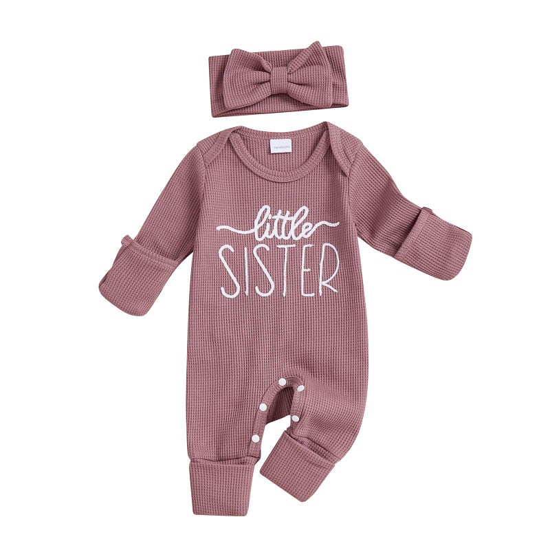 allshope Infant Baby Girl Fall Outfit Sweatshirt Romper Little Sister Lil Sis Long Sleeve Jumpsuit Newborn Clothes (Little Sister Color Purple, Newborn) - Image 1