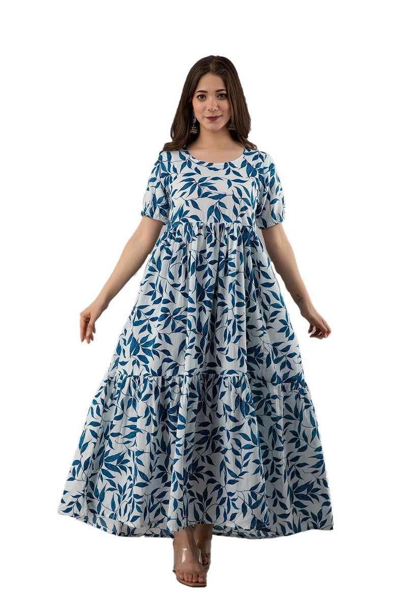 Monique Brand Present Women's Rayon Jaipuri Print Long Midi Maxi Dress (Blue) - Image 1