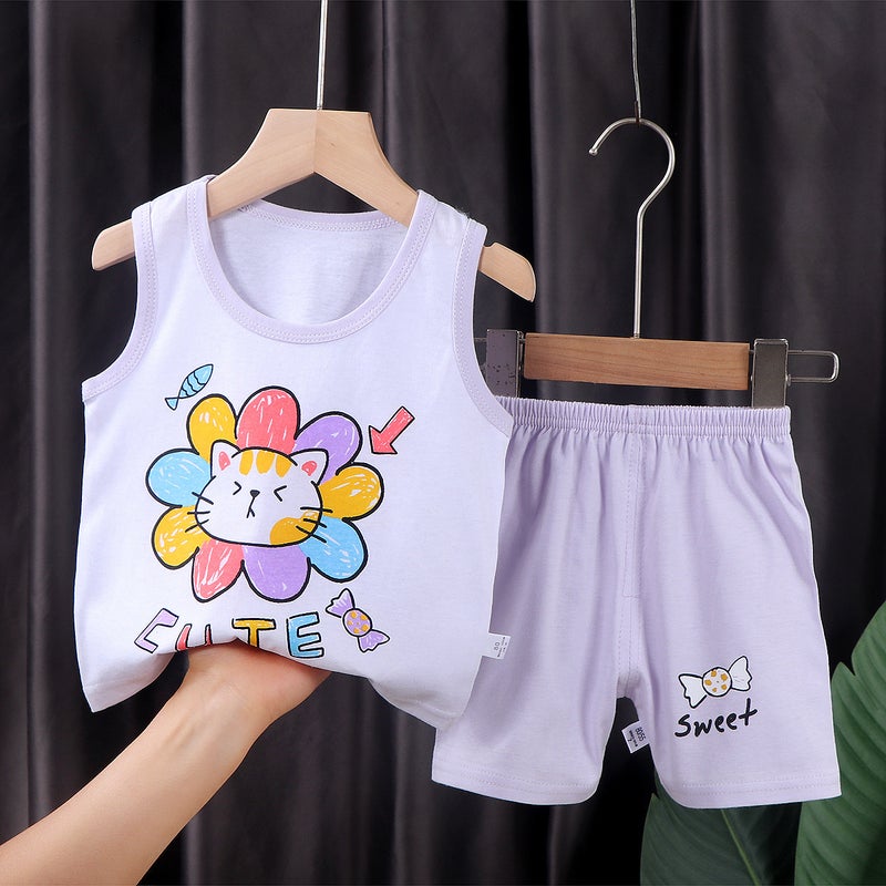Kids Summer Cotton Vest Set E05-Colorful Cat 