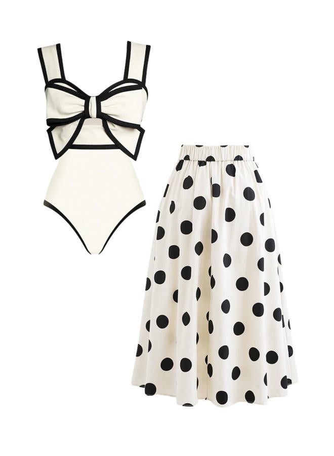 FLAXMAKER Black and White Bow-tie Decor One Piece Swimsuit and Skirt (Adult, S, Swimsuit and Skirt) - Image 1