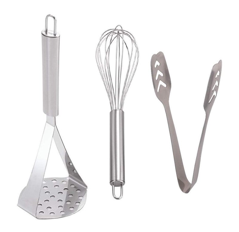 Brunchy Stainless Steel Masher, Whisker & Momo Tong | Multipurpose Kitchen Tools Set for Cooking & Serving - Image 1
