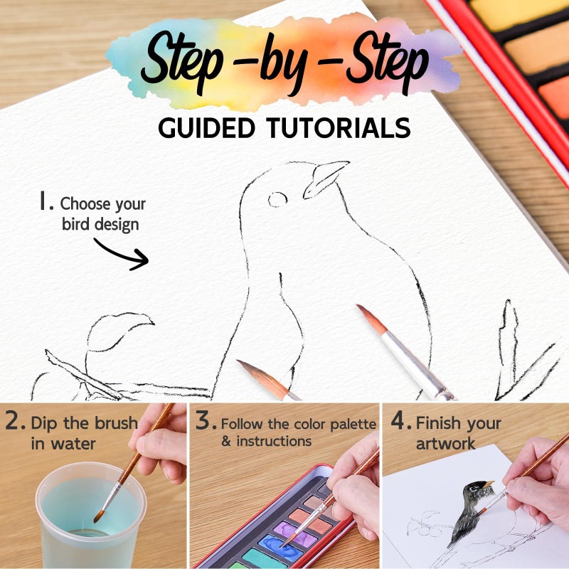 SkilLify Watercolor Workbook, Water Coloring Book, Beginner Friendly Water Painting Book, Watercolor Sketchbook Paint Book with 12-Color Paint Set & Brush for Adults and Teens(Birds) - Image 3