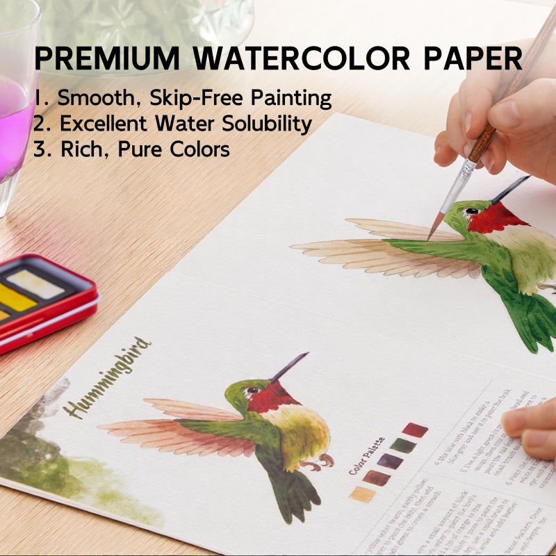SkilLify Watercolor Workbook, Water Coloring Book, Beginner Friendly Water Painting Book, Watercolor Sketchbook Paint Book with 12-Color Paint Set & Brush for Adults and Teens(Birds) - Image 2