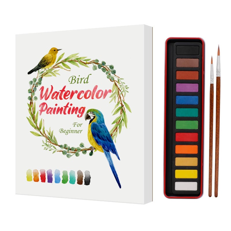 SkilLify Watercolor Workbook, Water Coloring Book, Beginner Friendly Water Painting Book, Watercolor Sketchbook Paint Book with 12-Color Paint Set & Brush for Adults and Teens(Birds) - Image 1