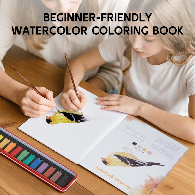 SkilLify Watercolor Workbook, Water Coloring Book, Beginner Friendly Water Painting Book, Watercolor Sketchbook Paint Book with 12-Color Paint Set & Brush for Adults and Teens(Birds) - Image 4
