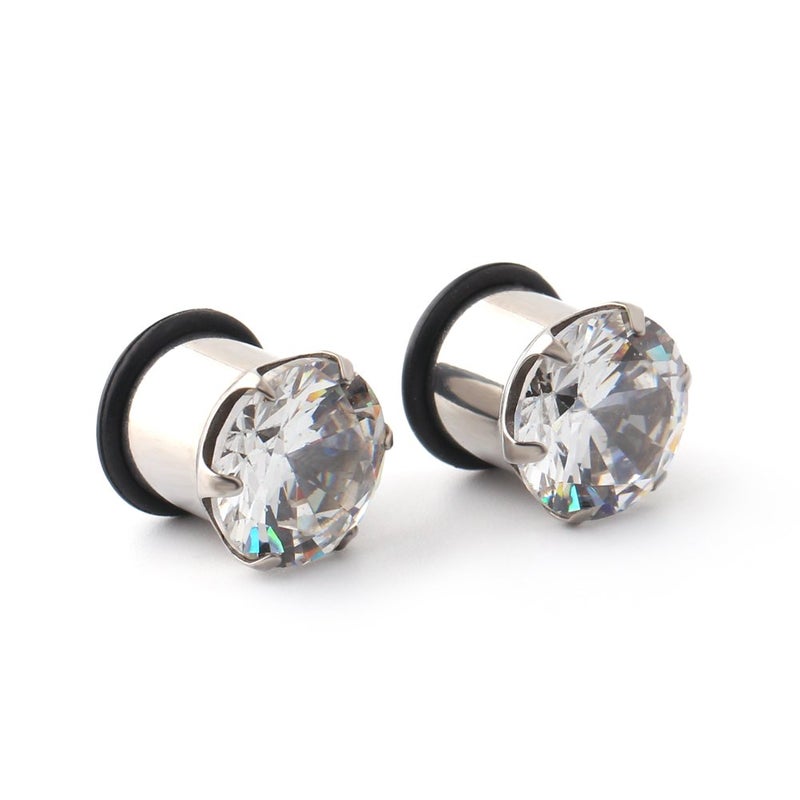 Ruifan 316L Surgical Steel Single Flare Prong Set Clear CZ Ear Stretcher Expander Plugs Piercing Gauge with O-Ring 00G(10mm)- Sold As a Pair - Image 1