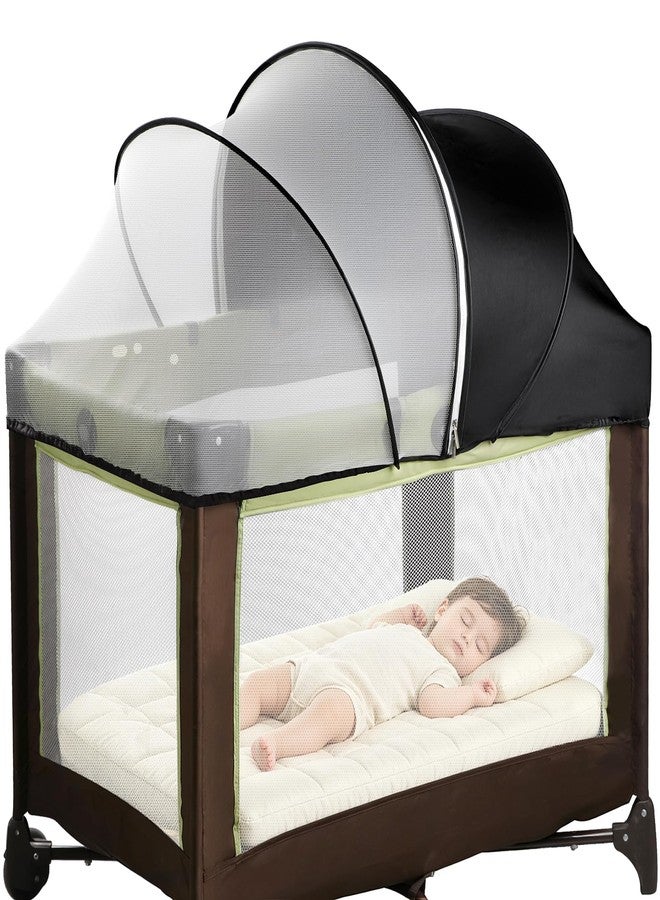 WANRU Pack N Play Tent Cover - Half-Blackout Mosquito Net for Crib & Playpen, Baby Bassinet Cover for Cats with 2-Way Zipper, Sun-Blocking Bug Net for Travel Crib (Black-Large) - Image 1