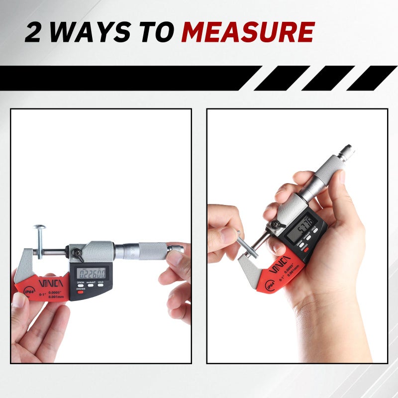 VINCA Absolute IP64 Origin Digital Micrometer, DMCA-0105 0-1"/0-25mm, 0.00005" /0.001mm Resolution, Hold Function, Carbide Tip - Image 4