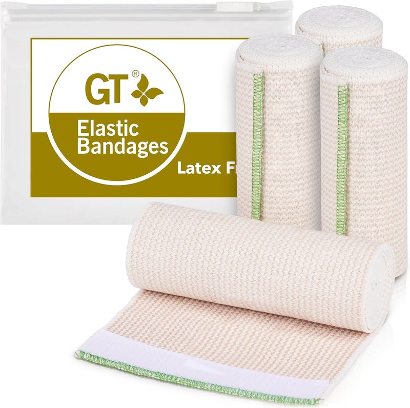 GT Premium Elastic Bandage Wrap (6" 4 Pack) - Hook & Loop Fasteners at Both Ends - Latex Free Hypoallergenic Compression Roll - Reusable Bandages for Waist, Legs, Elbow & Knee Wrap 