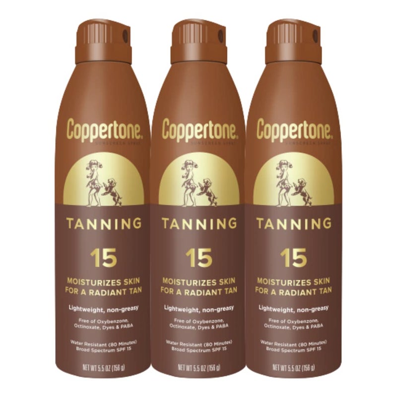 Coppertone Tanning Sunscreen Spray with Broad Spectrum SPF 15, Water Resistant Spray Sunscreen, Lightweight and Non-Greasy, 5.5 Oz, Pack of 3 - Image 1