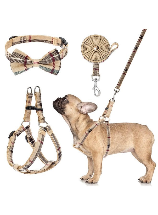 BINGPET Dog Harness Collar Leash Set,Adjustable No Pull Escape Proof Small Dog Harness,Classic Plaid Puppy Harness and Leash Set for Small Medium Large Dogs Training Easy Walk Running(Beige,S) - Image 1