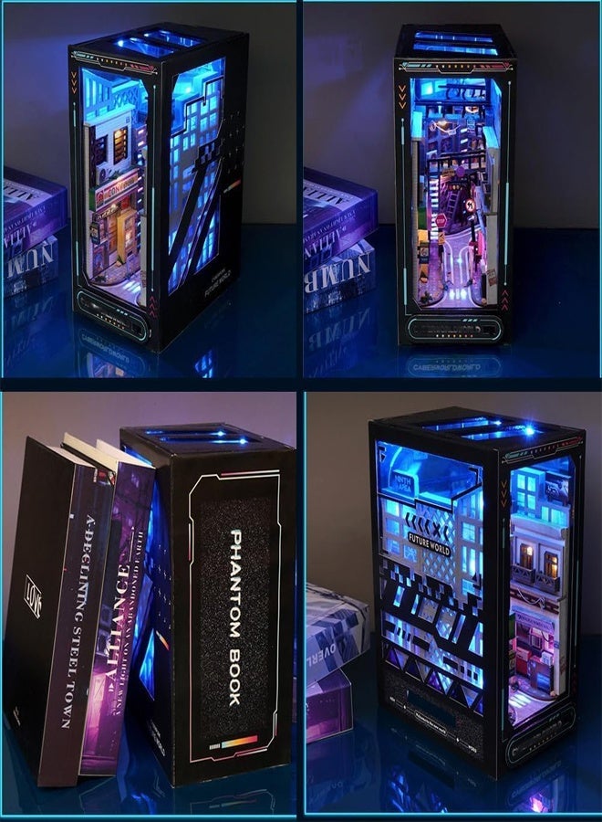 Doll House Building Toys DIY Dollhouse Booknook Bookshelf Insert Decor DIY Book Nook Kit 3D Wooden Puzzle with LED Lighting Book Nook Bookshelf Insert Wood Bookend Model Building  - Image 4