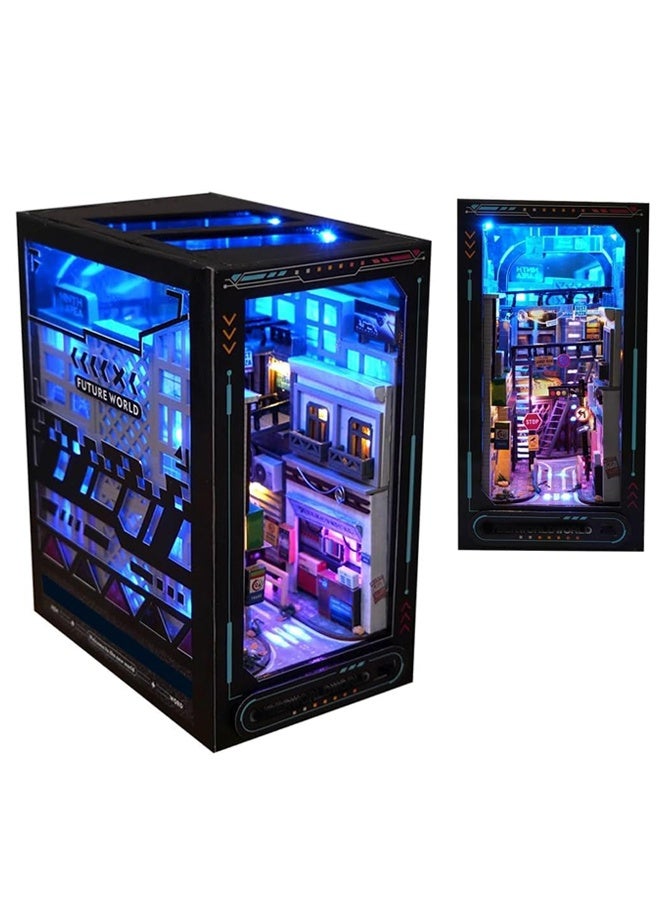 Doll House Building Toys DIY Dollhouse Booknook Bookshelf Insert Decor DIY Book Nook Kit 3D Wooden Puzzle with LED Lighting Book Nook Bookshelf Insert Wood Bookend Model Building  - Image 1