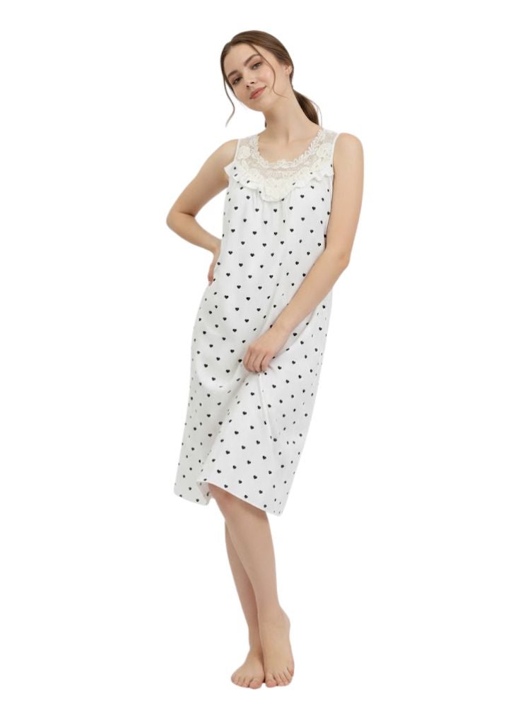 Comfort Women’s Premium Cotton Sleeveless Night Gown with Lace Detailing, Relaxed Fit Printed Nightwear for Home and Sleep - Image 4