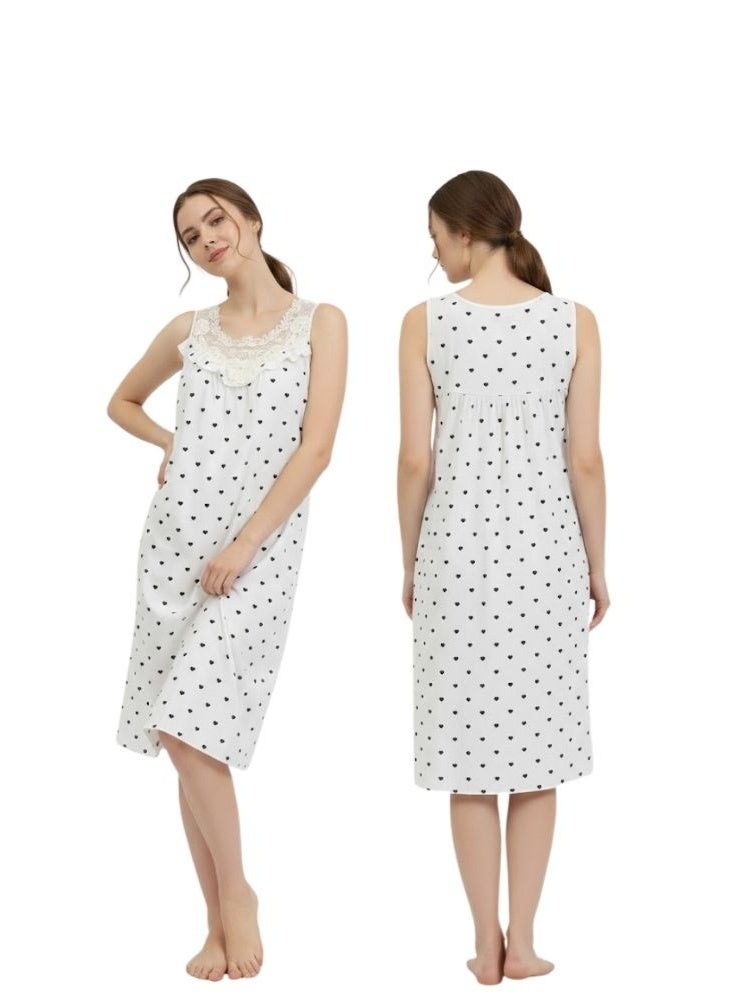 Comfort Women’s Premium Cotton Sleeveless Night Gown with Lace Detailing, Relaxed Fit Printed Nightwear for Home and Sleep - Image 1