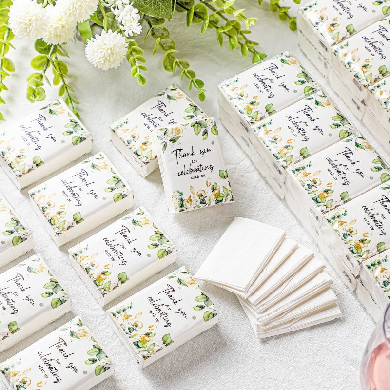 Sinmoe 100 Pcs Wedding Facial Tissues Welcome Bags Mini Pocket Tissues Travel Size Wedding Favors for Guests 3 Ply Thank You for Celebrating with Us Celebration Graduation (Eucalyptus) - Image 2