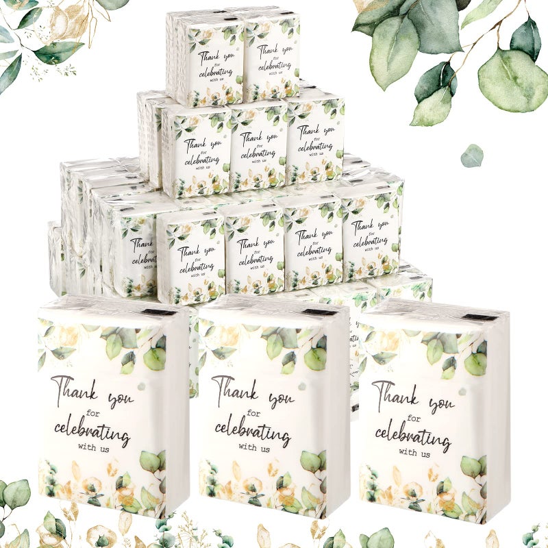 Sinmoe 100 Pcs Wedding Facial Tissues Welcome Bags Mini Pocket Tissues Travel Size Wedding Favors for Guests 3 Ply Thank You for Celebrating with Us Celebration Graduation (Eucalyptus) - Image 1