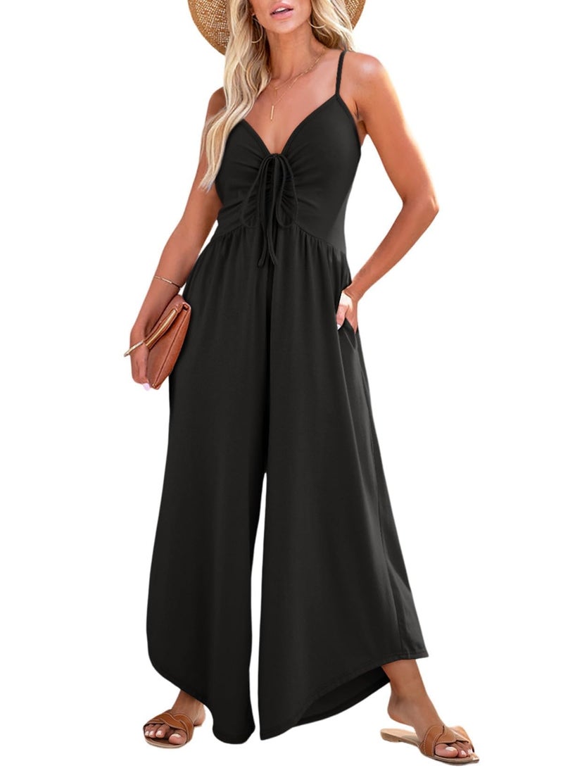 Dokotoo Womens Jumpsuits Casual Dressy Spaghetti Straps Sleeveless Ruched Drawstring Smocked High Waist Romper Pockets Wide Leg One Piece Jumpsuits Black Small - Image 1
