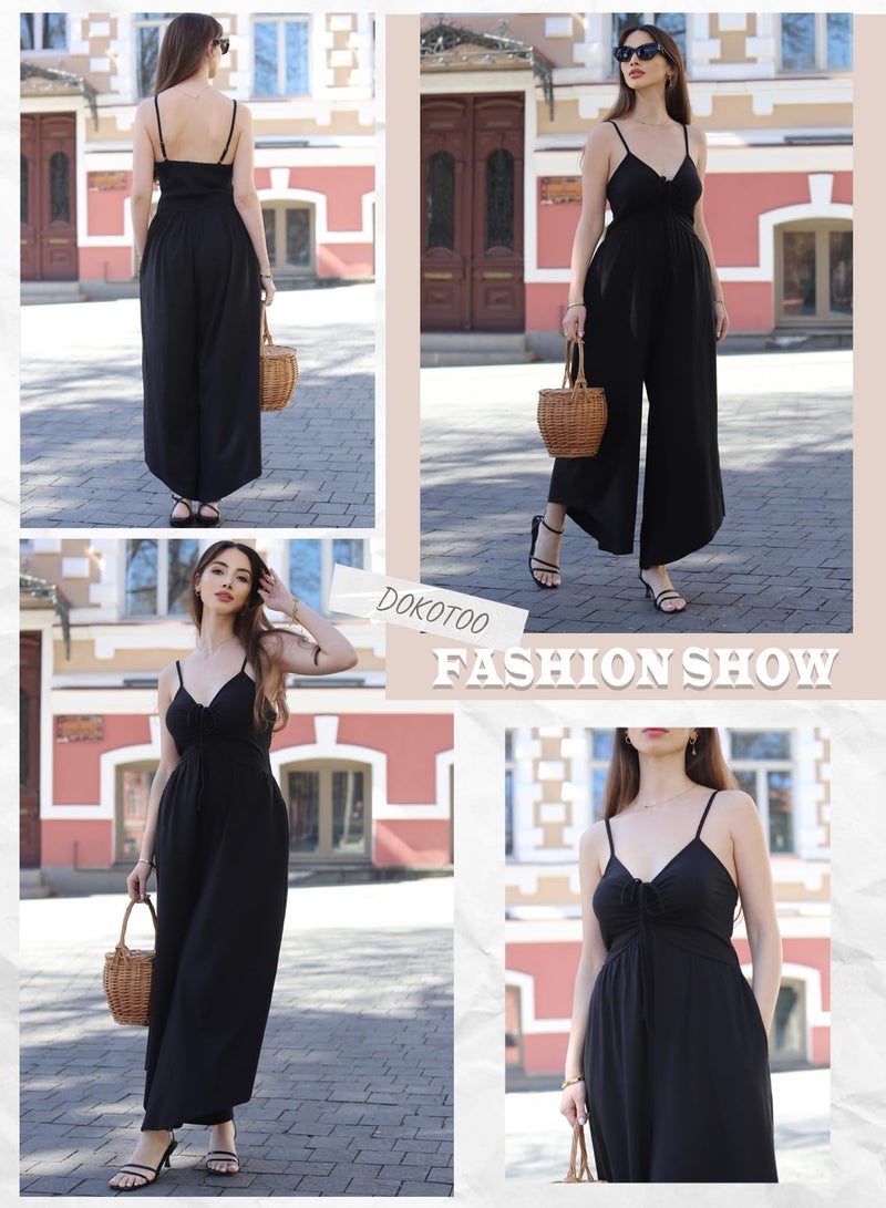 Dokotoo Womens Jumpsuits Casual Dressy Spaghetti Straps Sleeveless Ruched Drawstring Smocked High Waist Romper Pockets Wide Leg One Piece Jumpsuits Black Small - Image 4