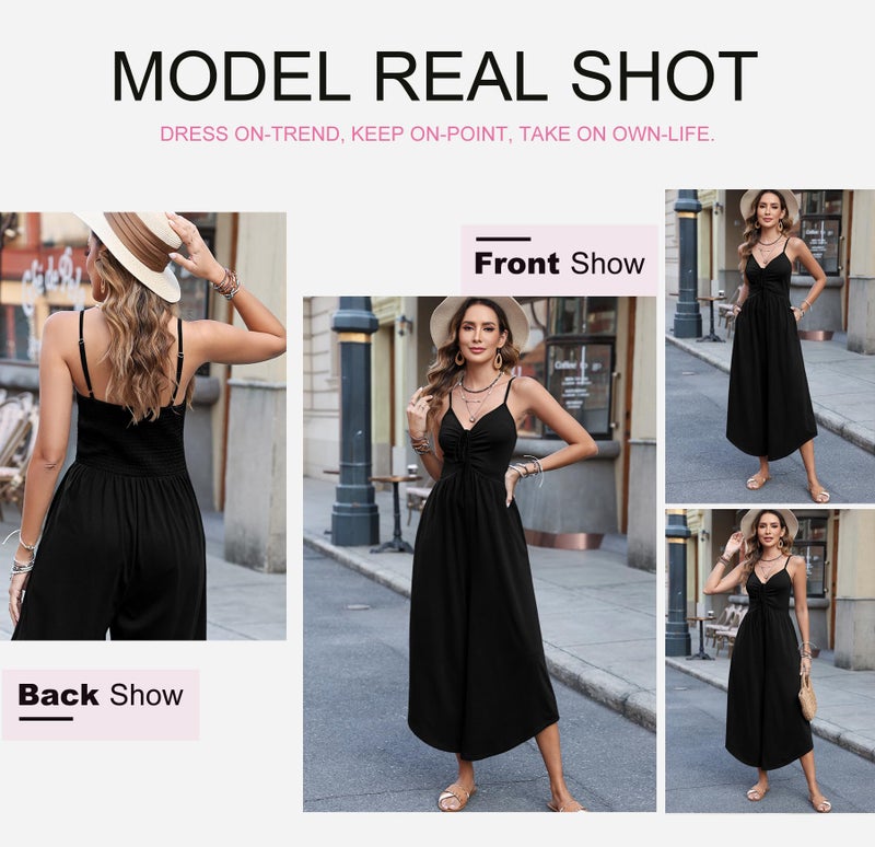 Dokotoo Womens Jumpsuits Casual Dressy Spaghetti Straps Sleeveless Ruched Drawstring Smocked High Waist Romper Pockets Wide Leg One Piece Jumpsuits Black Small - Image 3