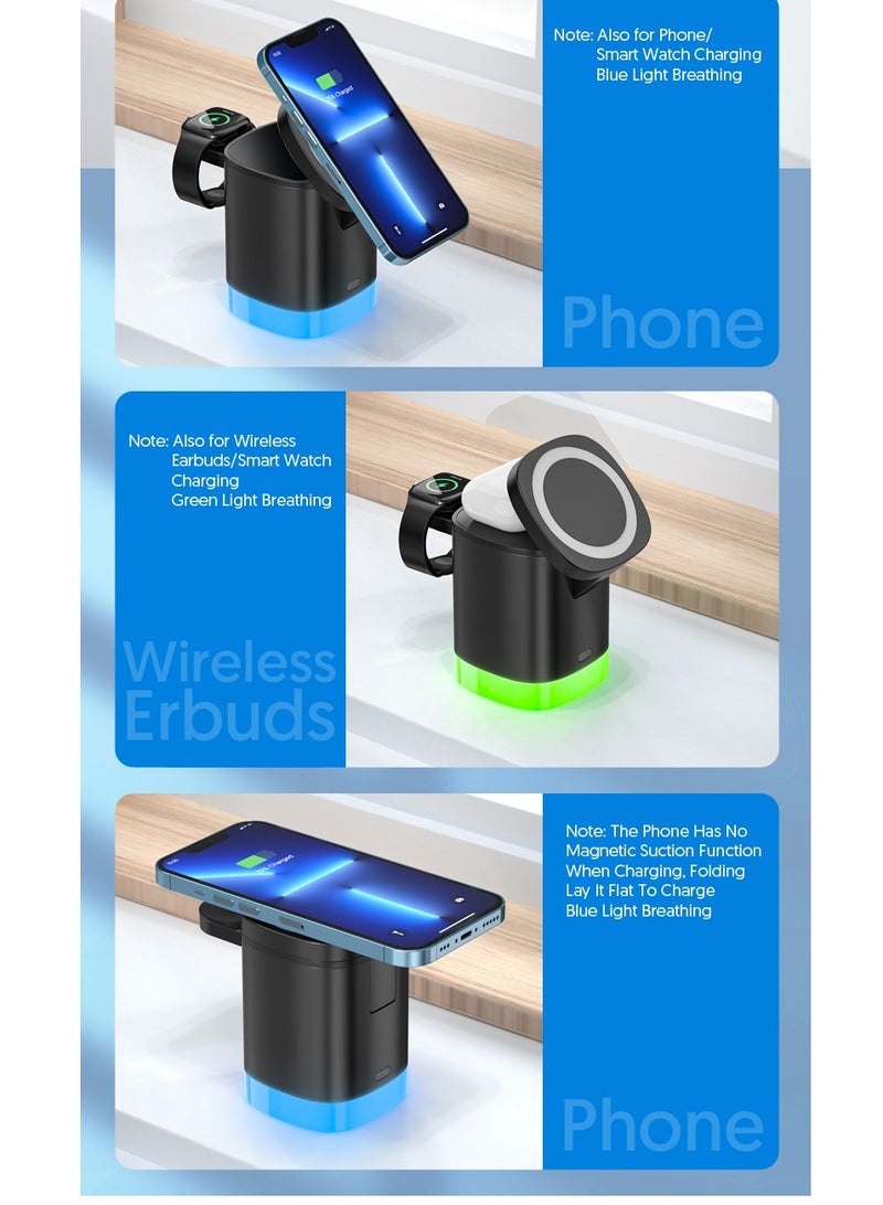 Verci 3-in-1 Magnetic Charging Dock With Foldable Stand And Night Illumination Non-Waterproof ABS Wireless Charger For iPhone 15/14/13/12 Pro/Max/Plus And Apple Watch Series 2-9 15W Fast Charging Power Compatible With Multiple Devices Powerful Magnet LED  - Image 5