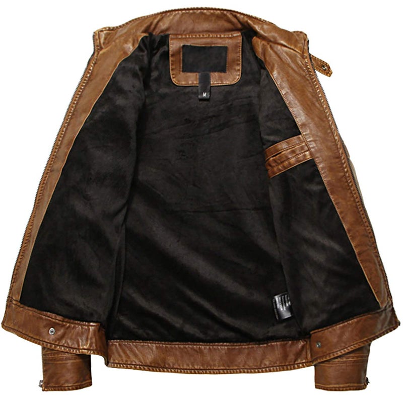 Generic WULFUL Men's Vintage Stand Collar Leather Jacket Motorcycle PU Jacket and Coat  - Image 2
