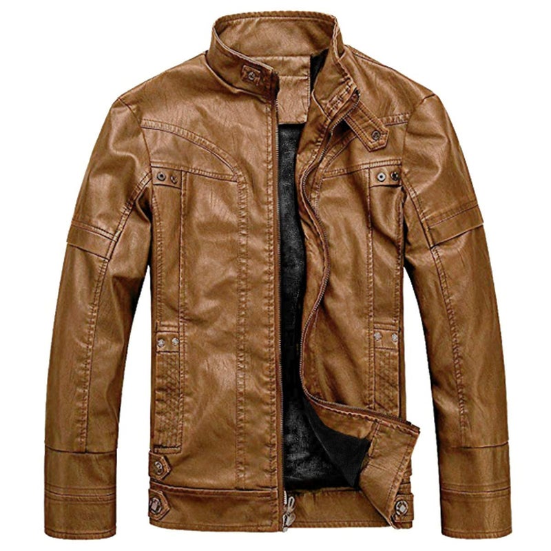 Generic WULFUL Men's Vintage Stand Collar Leather Jacket Motorcycle PU Jacket and Coat  - Image 1