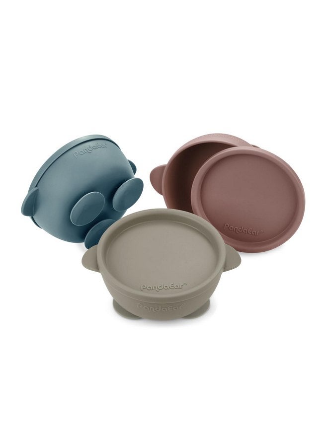 باندا إير مجموعة من 3 أوعية طعام للأطفال مزودة بشفط من PandaEar، أوعية طعام للأطفال الصغار مزودة بأغطية من السيليكون، أوعية شفط مضادة للانسكاب لمرحلة الرضاعة الأولى، مجموعة أوعية طعام للأطفال، أزرق/بني/أحمر - Image 1