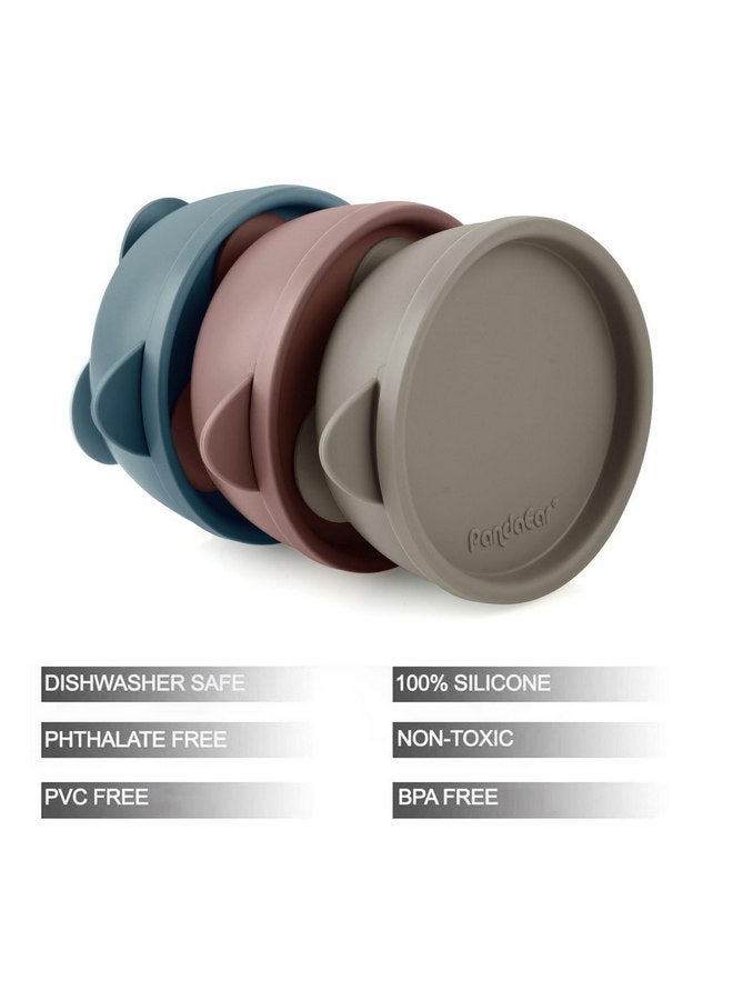 باندا إير مجموعة من 3 أوعية طعام للأطفال مزودة بشفط من PandaEar، أوعية طعام للأطفال الصغار مزودة بأغطية من السيليكون، أوعية شفط مضادة للانسكاب لمرحلة الرضاعة الأولى، مجموعة أوعية طعام للأطفال، أزرق/بني/أحمر - Image 2