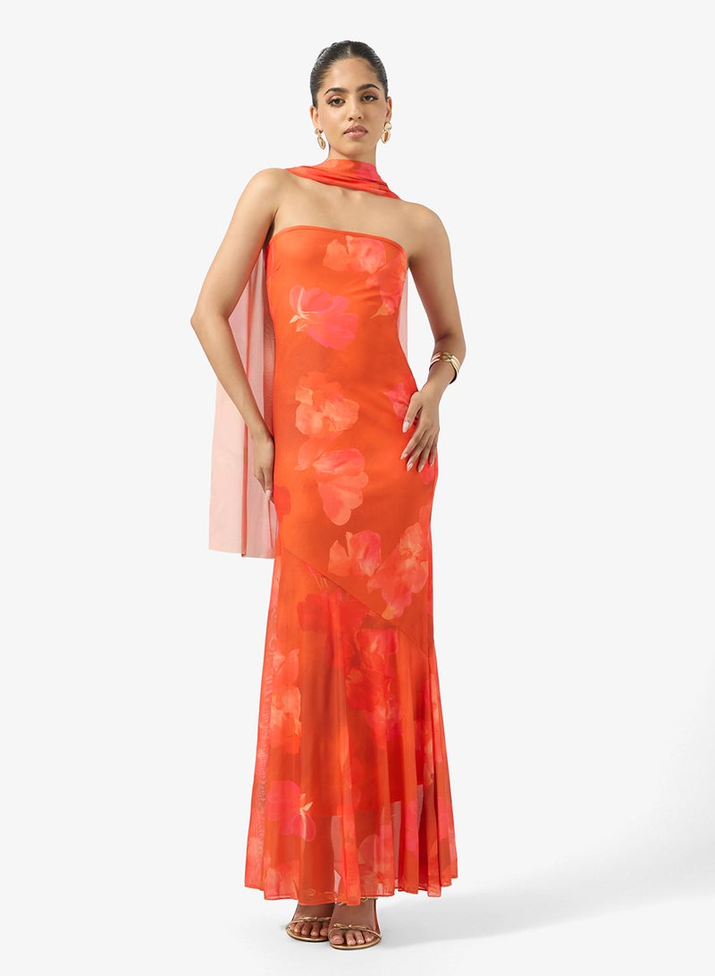 جينجر فستان باندو بنقوش الزهور المحروقة مع وشاح - Image 1