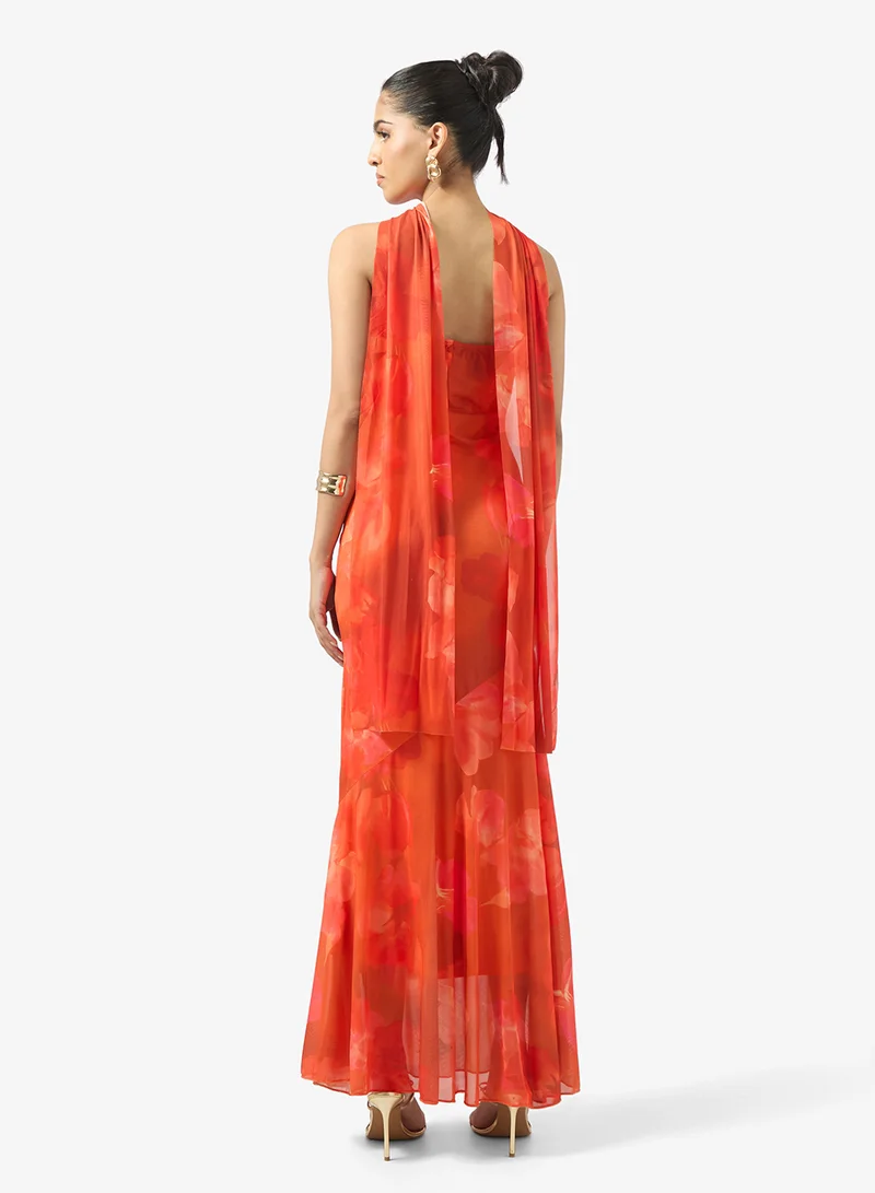 جينجر Bandeau Floral Burnout Dress with Scarf