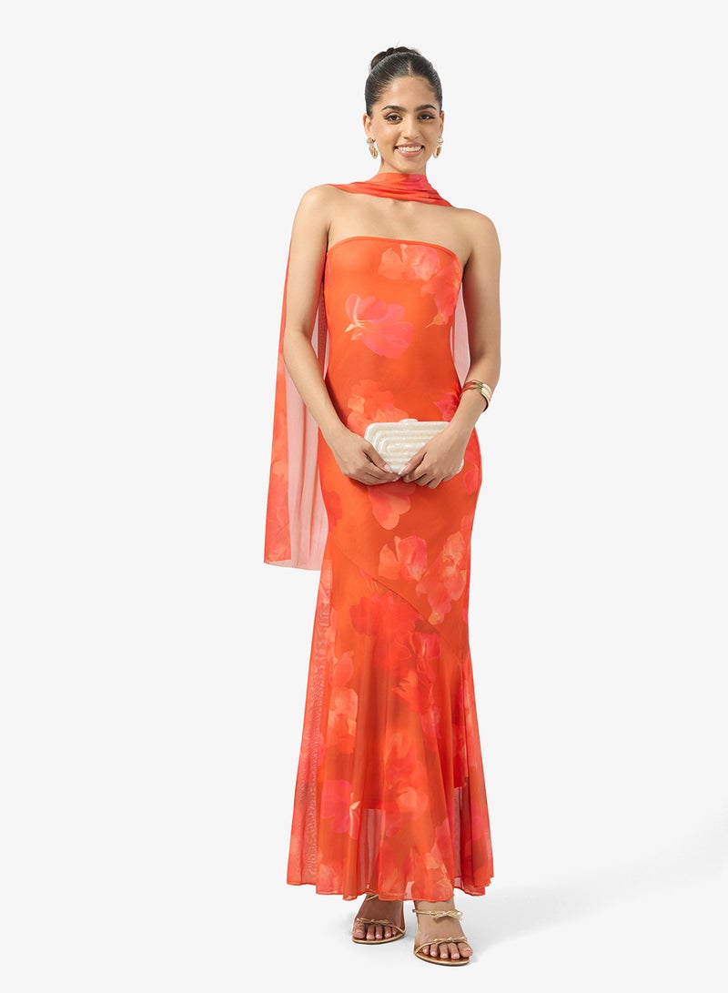 جينجر فستان باندو بنقوش الزهور المحروقة مع وشاح - Image 4