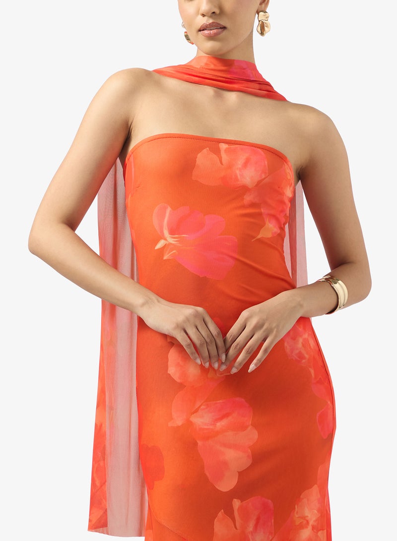 جينجر فستان باندو بنقوش الزهور المحروقة مع وشاح - Image 3